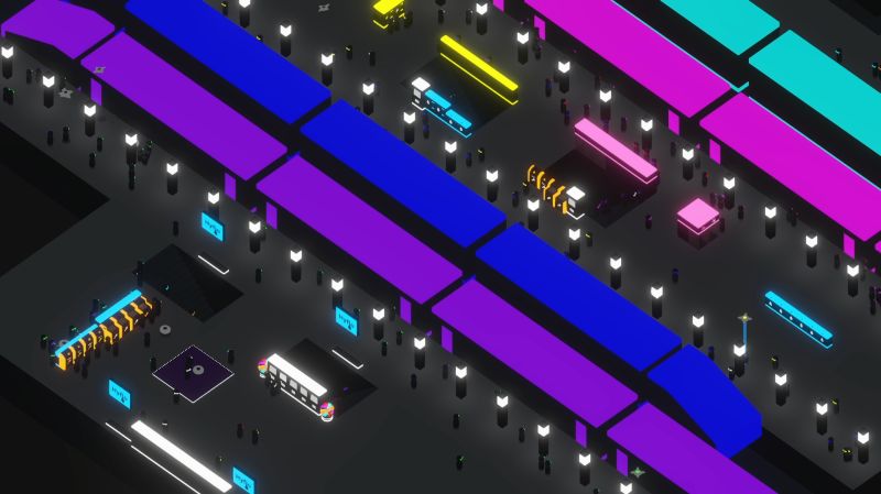 Cyber Station: neon platforms, trains and passengers from an isometric view
